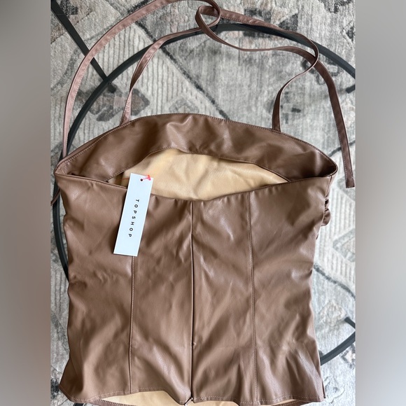 Topshop halter ruched leather look top in camel - Picture 3 of 10